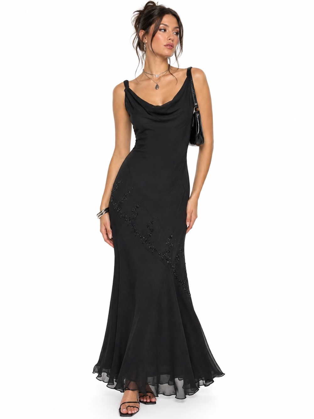 Whimsigoth Black Cowl Neck Maxi Dress Bias Cut Beaded Witchy Y2K Minimalist